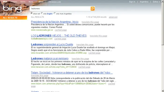 Cuando en Bing buscas "ladrones" aparece la