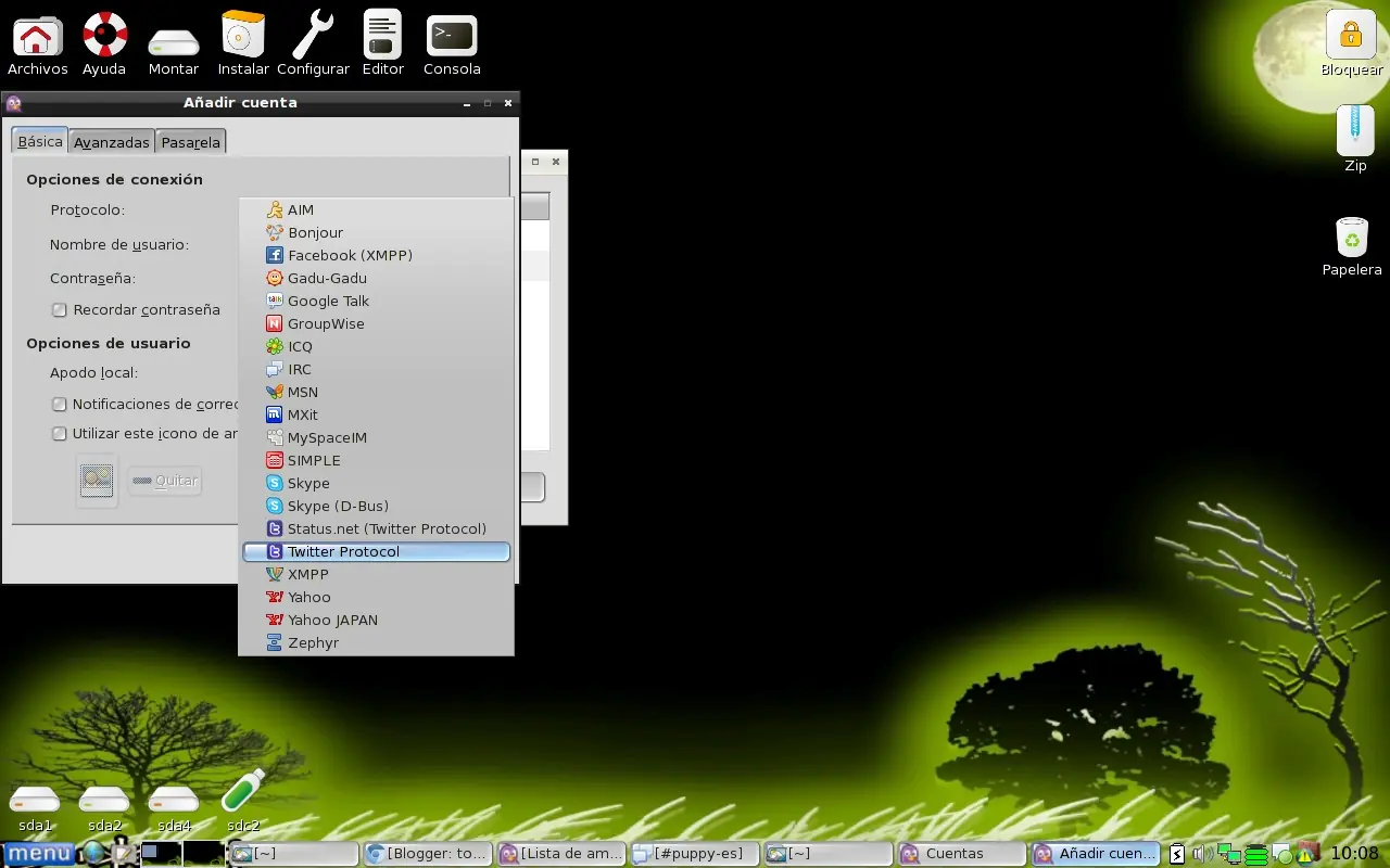 pidgin 2.10.4 +skype+twitter en puppy linux