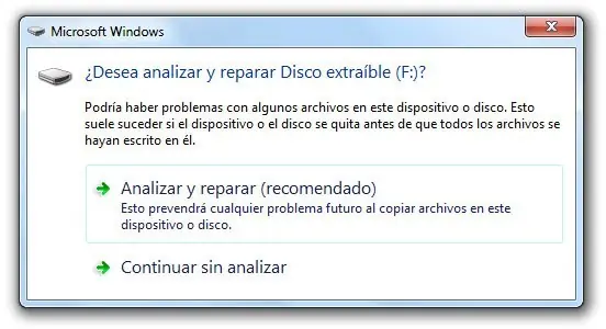 Eliminar el aviso “desea analizar y reparar disco extraíb