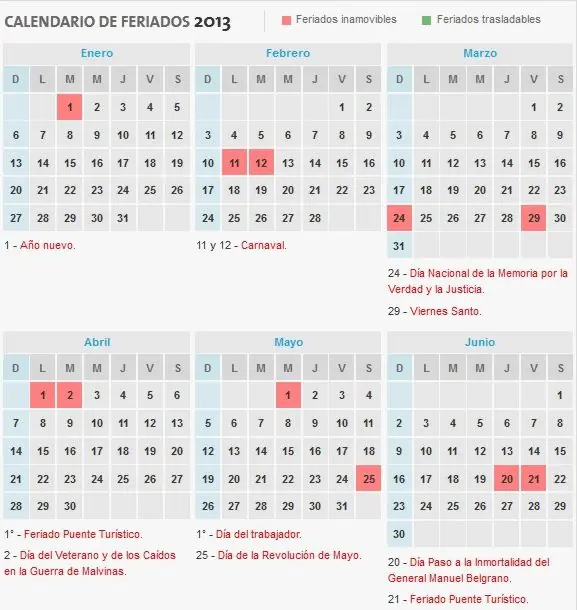 Calendario y Feriados 2013 Argentina - Imagen