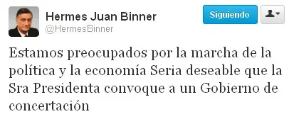Hermes J. binner reclamo a cfk un gobierno de coalicion ...