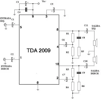 Circuito de un sencillo amplificador de 10 + 10 W