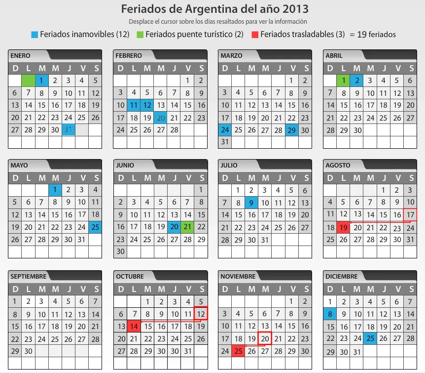 Almanaque y Feriados Argentina 2013