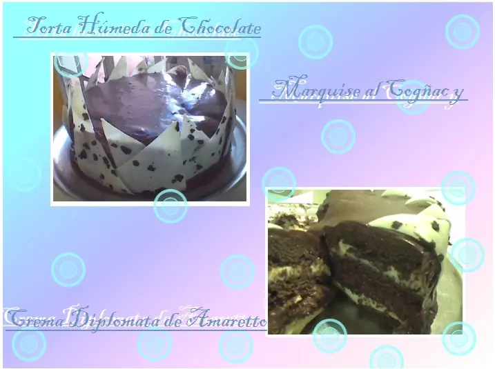 Torta húmeda, marquise de chocolate y crema de amaretto