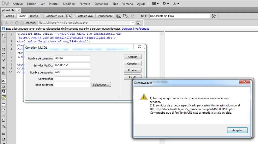No puedo conectarme con la base de datos, Dreamweaver