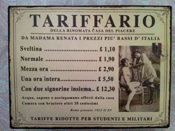 Tarifas de la casa del placer de madam Renata en 1923