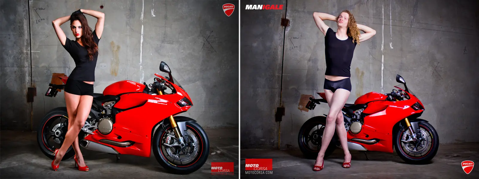 Mecánicos se visten de mujer y posan sobre motos Ducatis