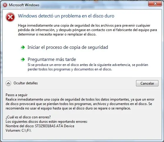 quitar mensaje: Windows detectó un problema en el disco dur