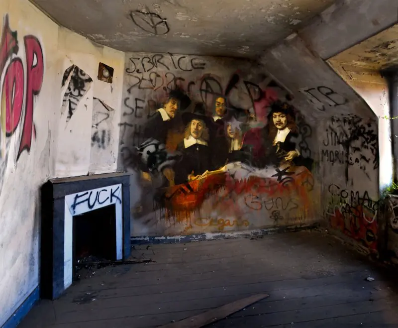 graffiti de pinturas clásicas en lugares abandonados