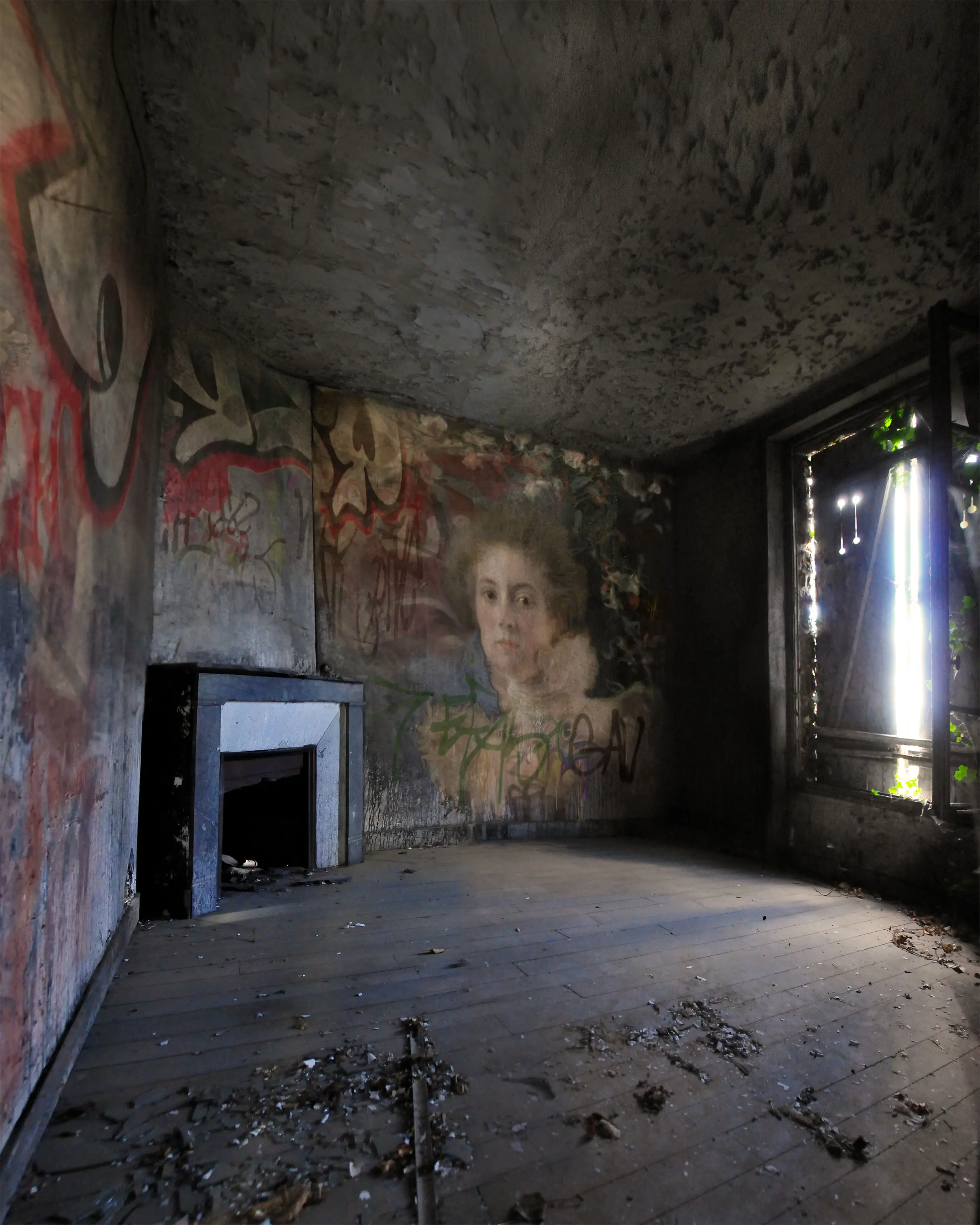 graffiti de pinturas clásicas en lugares abandonados