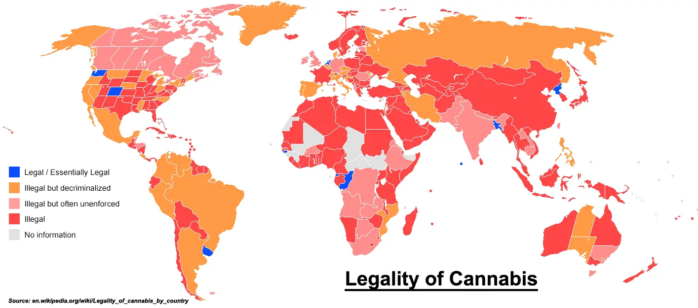 Mapa del estado legal de la marihuana en el mundo