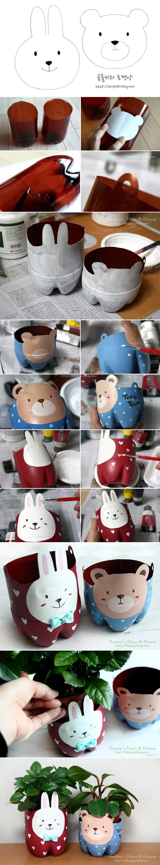 Divertidos maceteros reciclando botellas de plástico