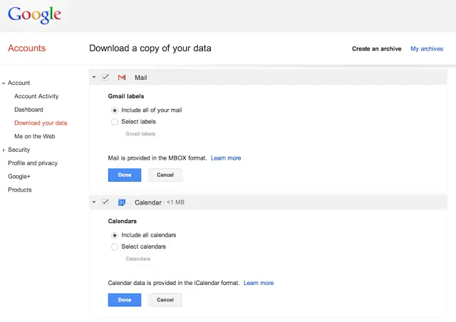 descargar datos de Gmail y Google Calendar