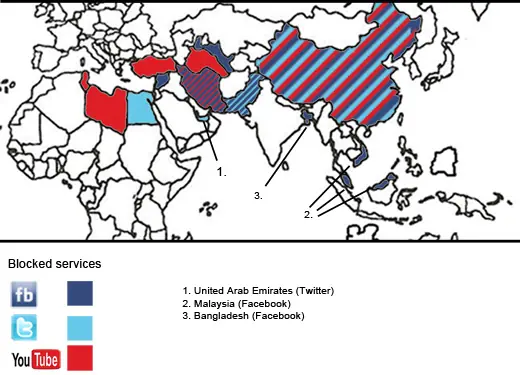 Mapa de los países que prohíben a Youtube, Face y Twitter