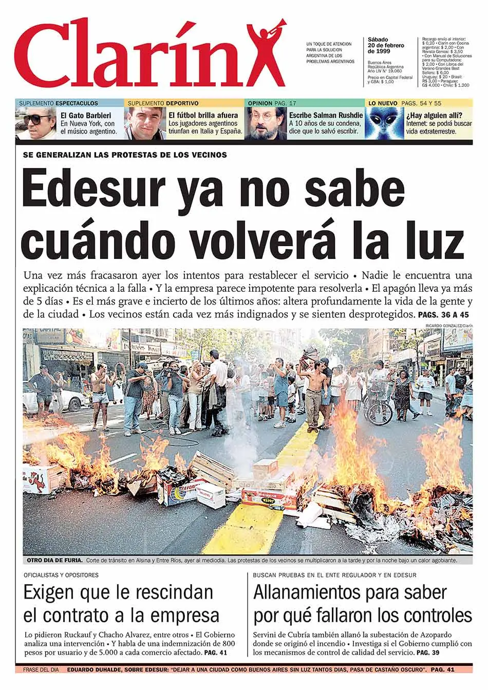 En 1999 EDESUR dejo 600 mil personas sin luz por 11 dias