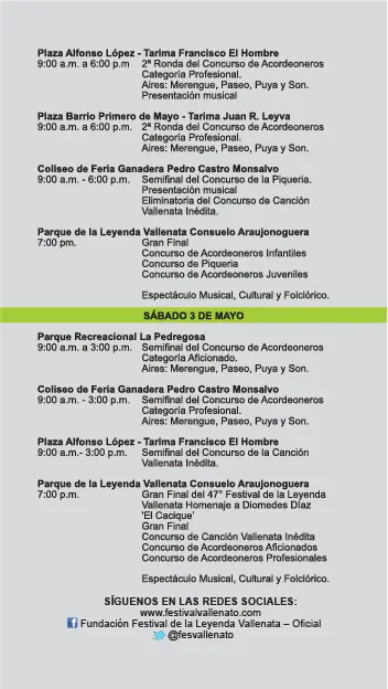 Programación del festival vallenato 2014