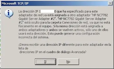 Error dirección IP ya existe, usada por adaptador oculto