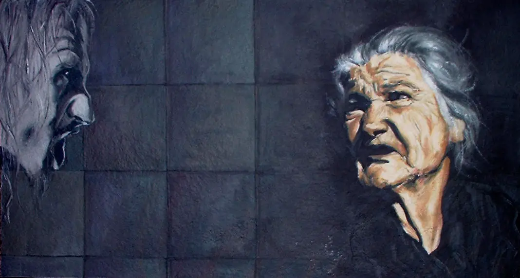 Pintura de una abuela esquizofrénica. óleo sobre tabla