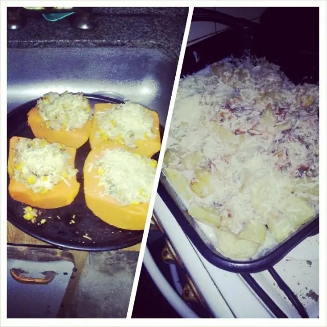 Calabazas rellenas y papas con salsa blanca gratinadas.