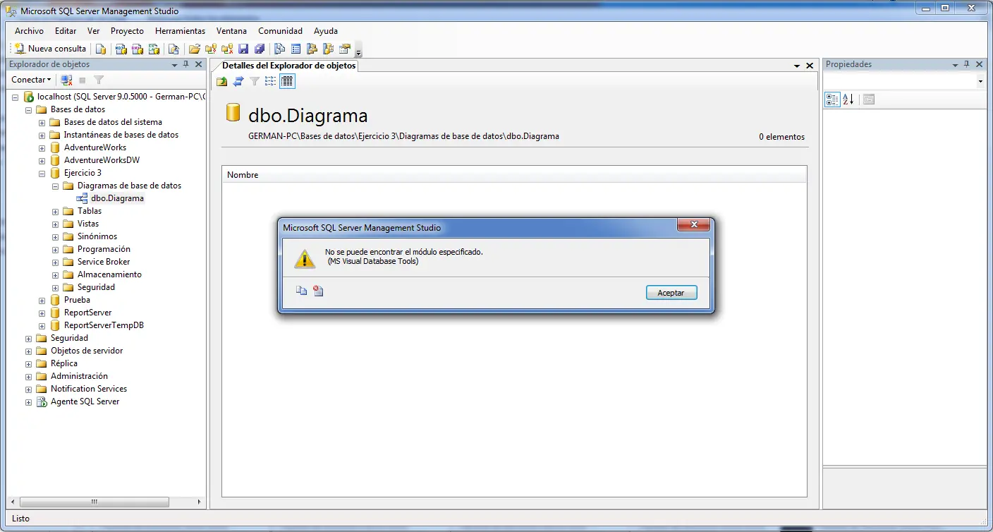 Solución error al abrir diagramas en SQL Server 2005