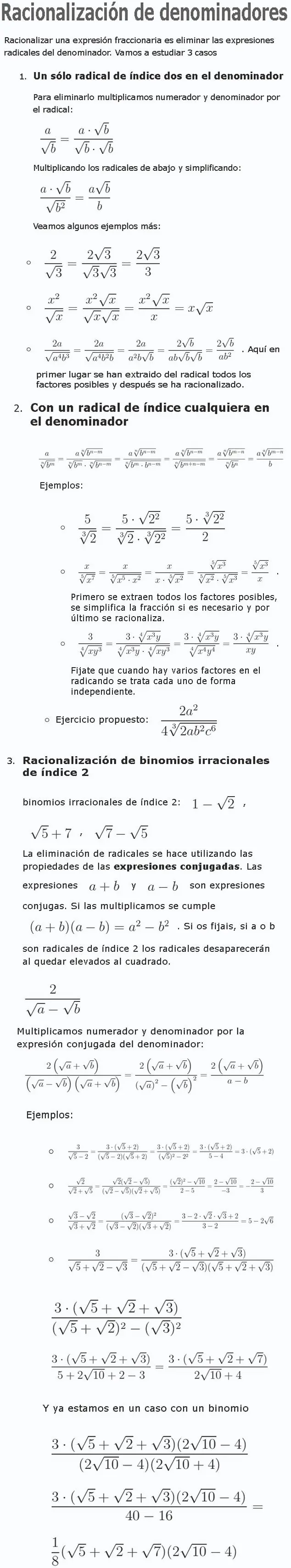 Racionalización de denominadores.
