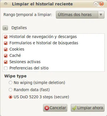 Borra el historial y las cookies de forma segura (Firefox)