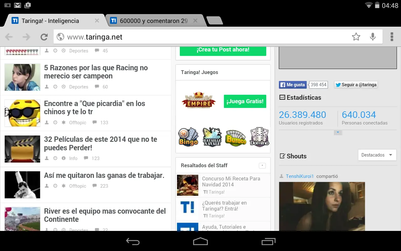 El 5% de Taringa esta conectada ahora