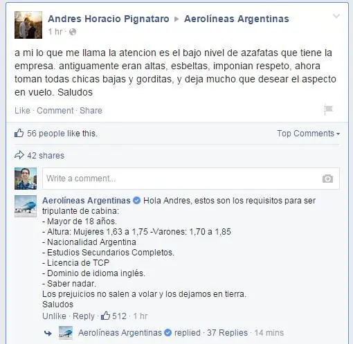 La falsa respuesta de Aerolineas Argentinas en Facebook.