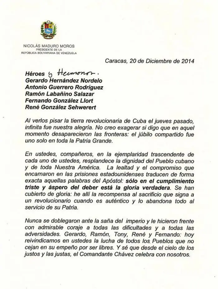 Carta del presidente venezolano Nicolás Maduro a los cinco