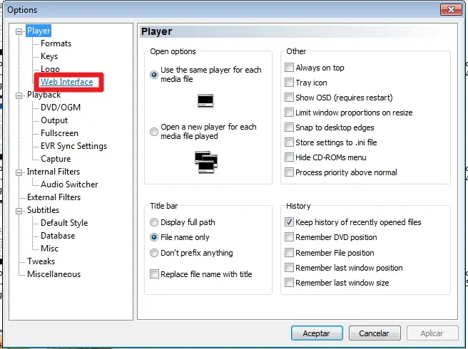 Media Player Classic control remoto con android