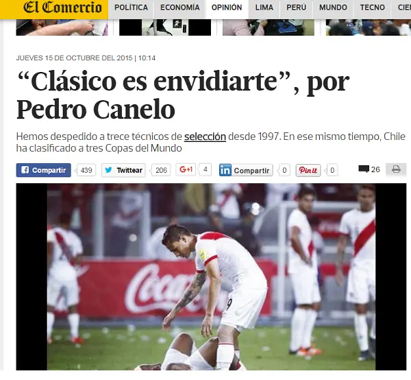 Columnista peruano a Chile "Clasico es envidiarte"