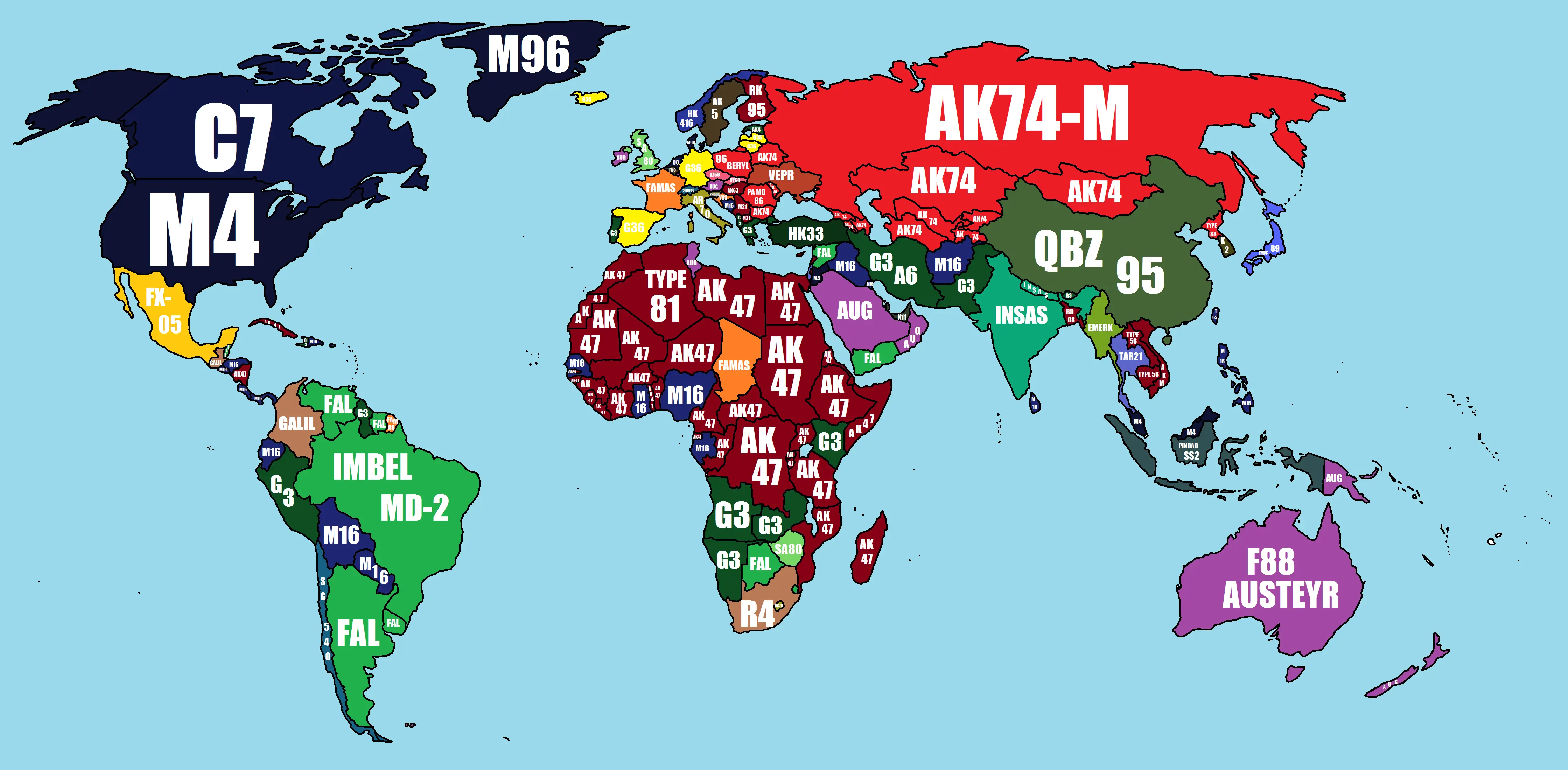 Mapa de los fusiles de asalto de todo el mundo