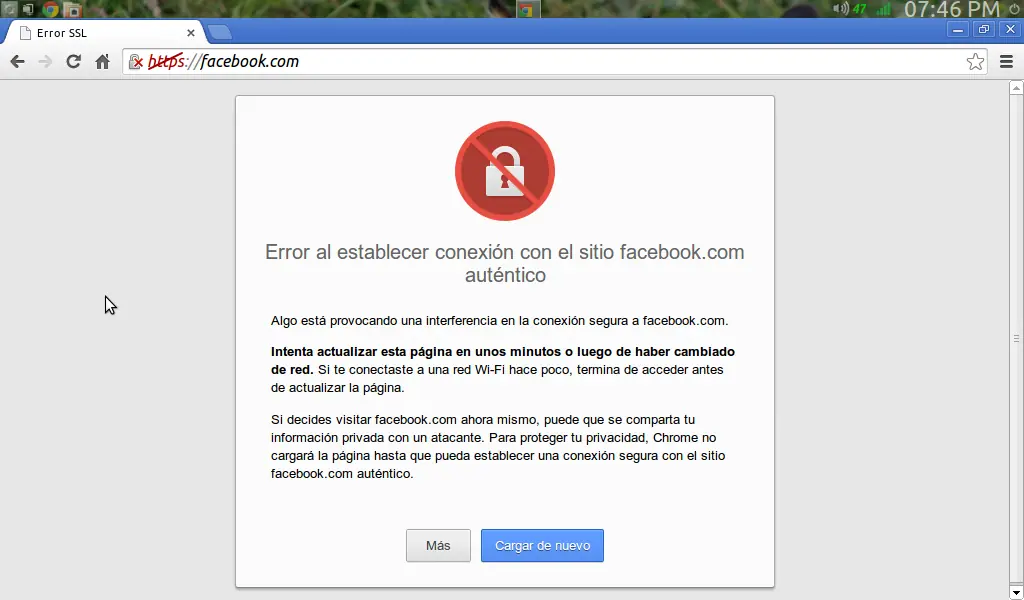 Google Chrome: "Error al establecer conexión con el sitio.."