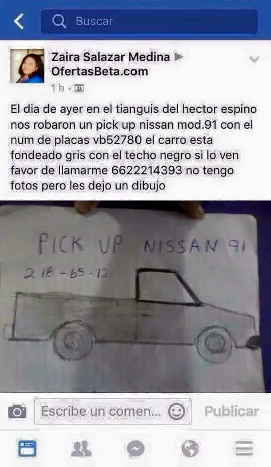 Subió dibujo de su auto robado pero Internet no la perdonó