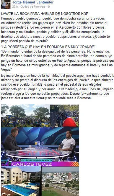 Jorge Manuel Santander a Tevez: "Formosa pueblo generoso"