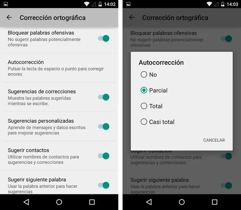 desactivar corrector en android
