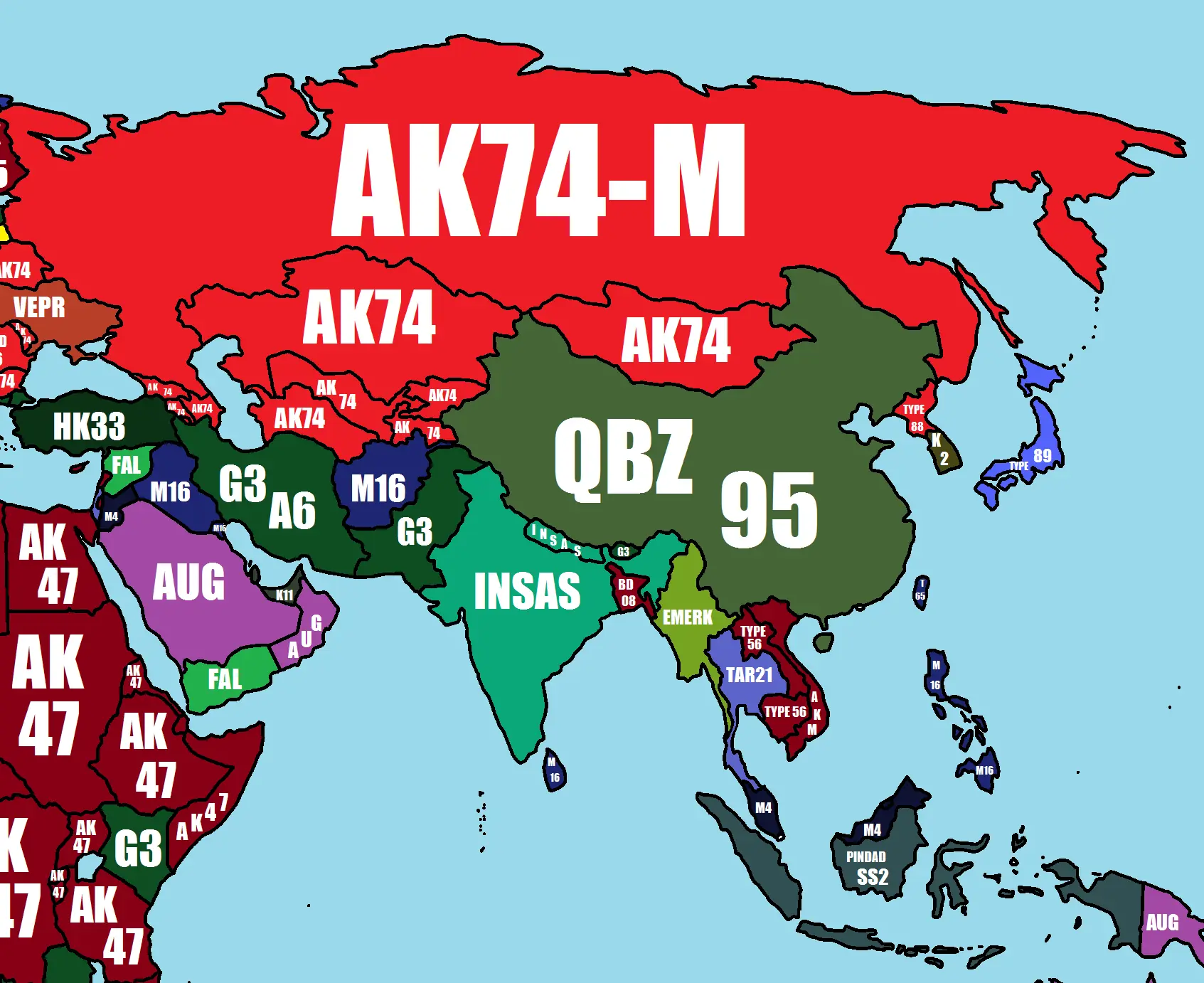 Mapa de los fusiles de asalto de todo el mundo