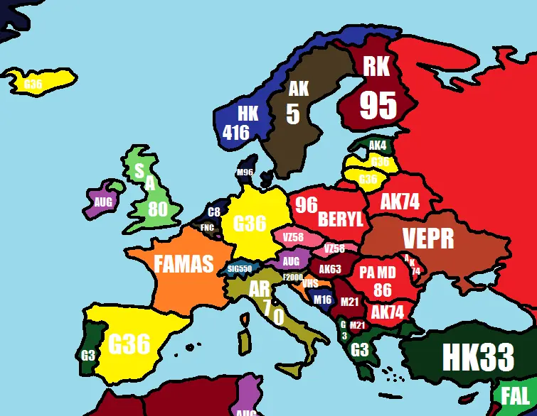 Mapa de los fusiles de asalto de todo el mundo