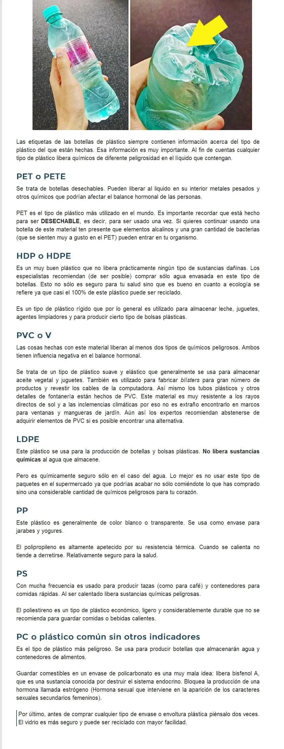 Botellas de plástico, tipos y peligros,