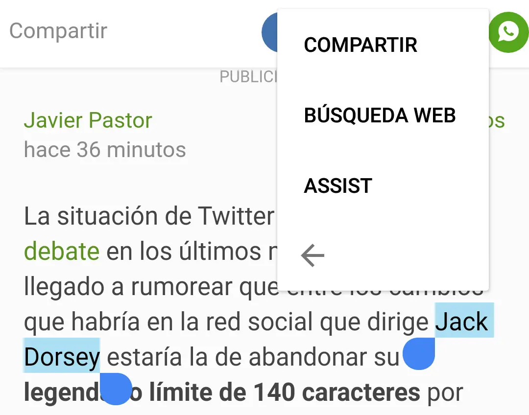 Asistente de google en el selector de texto de Android 6.0