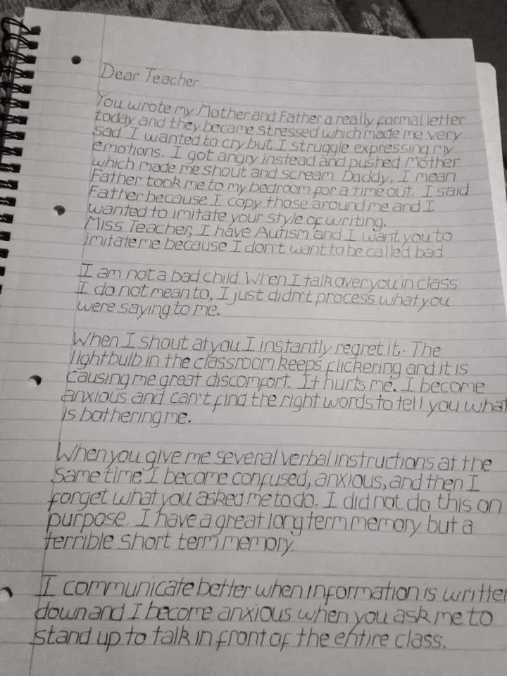 Un chico con autismo una carta a sus profesores de la niñez