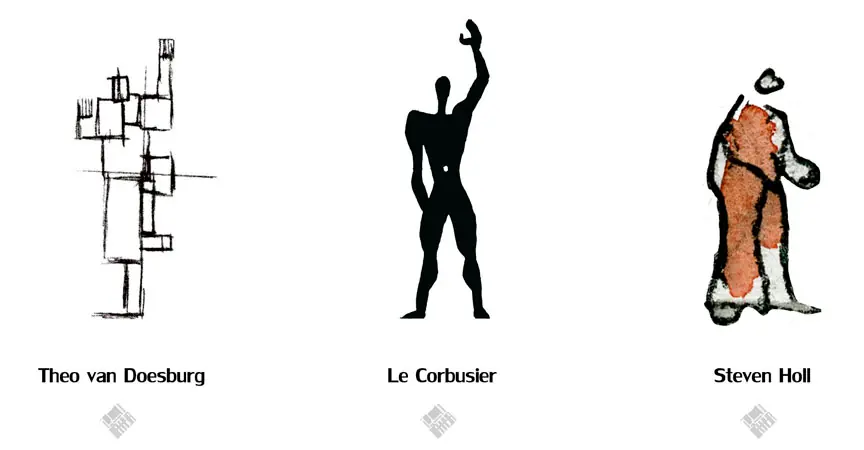 Siluetas humanas al estilo de famosos arquitectos