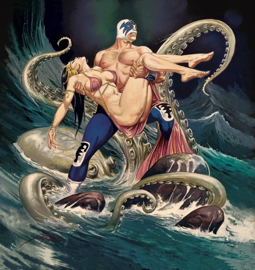 Luchadores,vaqueros y chicas ,RAFAEL GALLUR ilustrador(Mex)