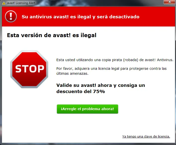 Eliminar cartel Su avast es ilegal y sera desactivado