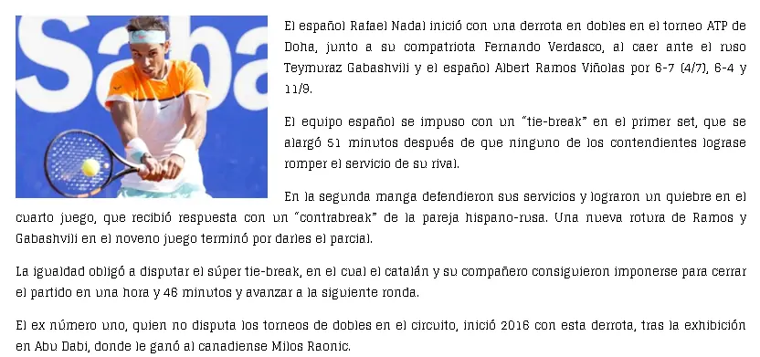 Nadal pierde en dobles en ATP de Doha