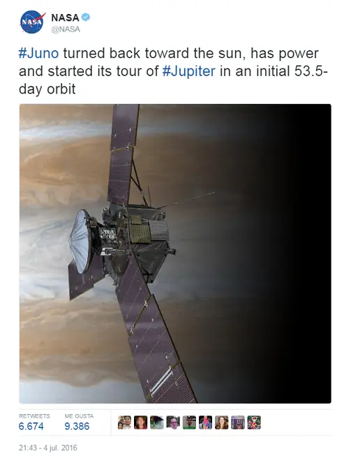Día histórico: llegó la sonda Juno a Júpiter