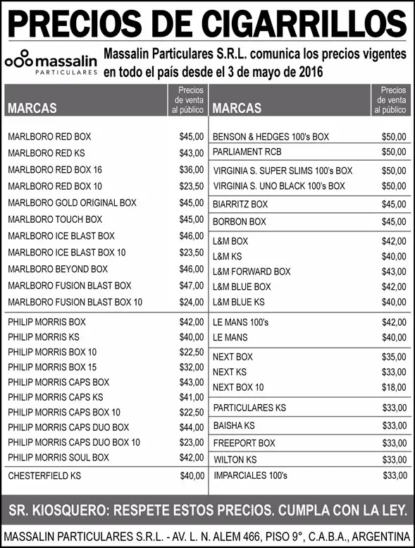 Precios Oficiales de los cigarrilos 03/05/16