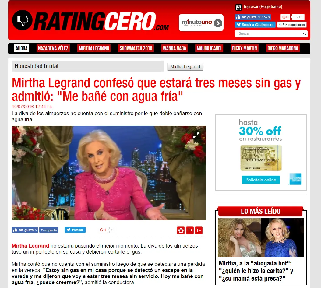 Un sol para Mirtha Legrand : Le cortaran el gas por 3 meses