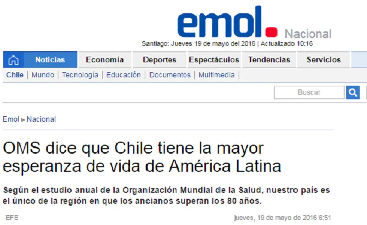 "Chile tiene la Mayor Esperanza de Vida de A. Latina" (OMS)