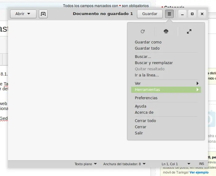 Gedit en Castellano (editor de textos)